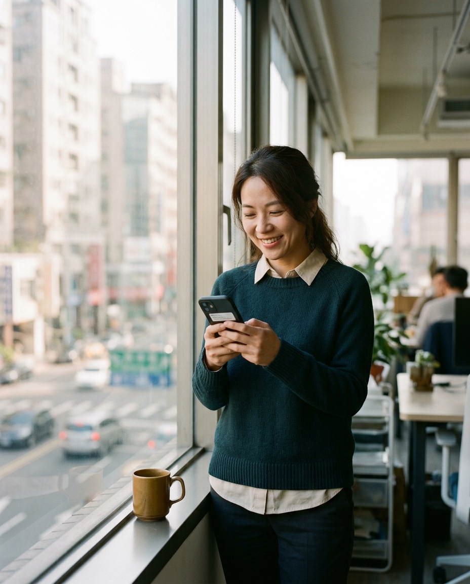 A woman by an office window in the city, smiling at a message on her phone, a coffee on the ledge.