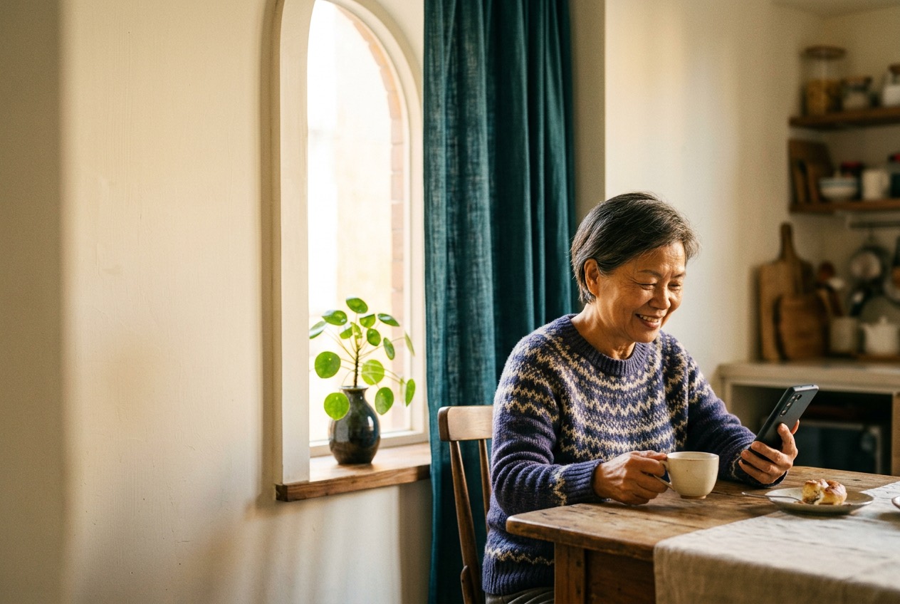 An older woman at her kitchen table in morning light, smiling at a message on her phone, a cup of tea in her hand.